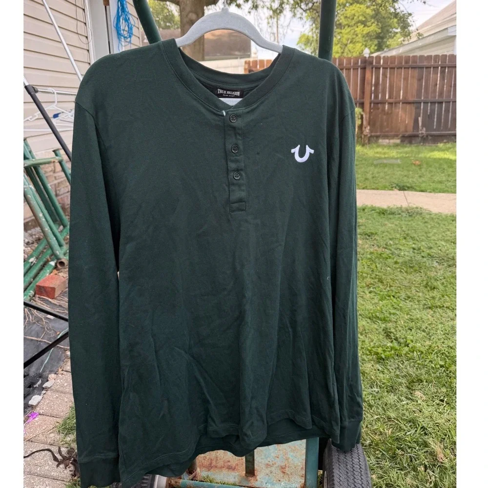 True Religion Mens Long Sleeve Henley Shirt Green Horseshoe Logo XL 50554-00